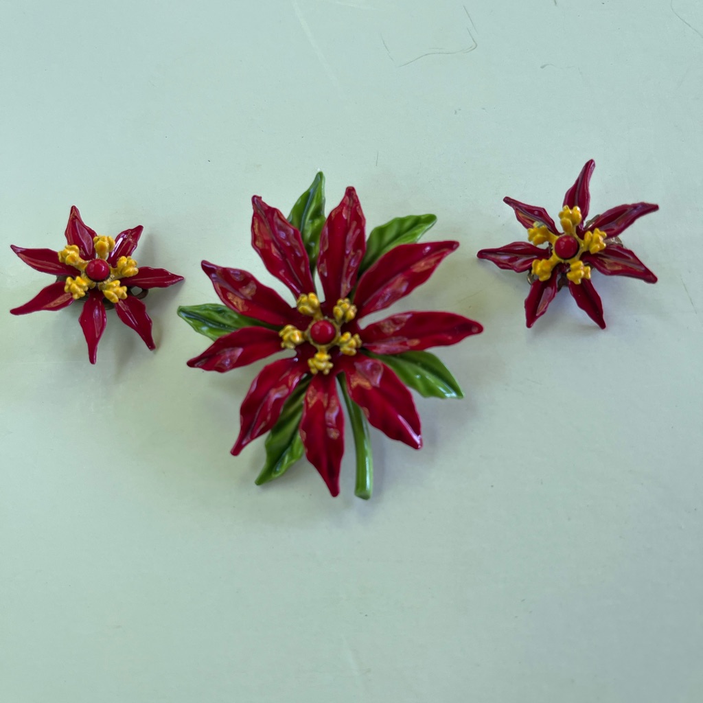 Poinsettia Brooch  Earrings Clip Vintage Holiday Jewelry Sets Christmas Jewelry
